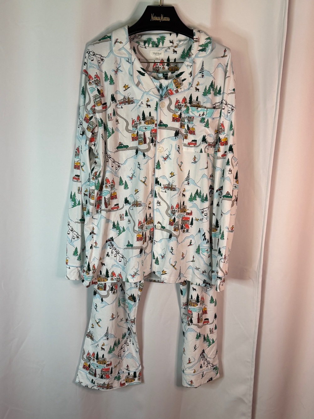 BedHead White Ski Village Print Men’s Pajama Set with Green and Red Accents